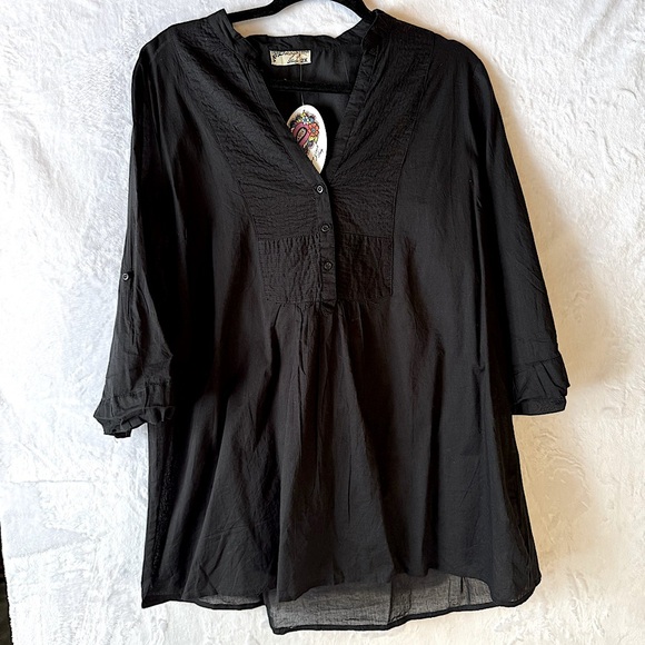Black Lightweight Cotton Tunic Popover Top Pleated Tuxedo Bib by Magazine Lady - Picture 1 of 11